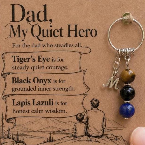 Dad Gift from Son, Crystal Keyring with Illustrated 'My Quiet Hero' Card, Personalised Keepsake for Him