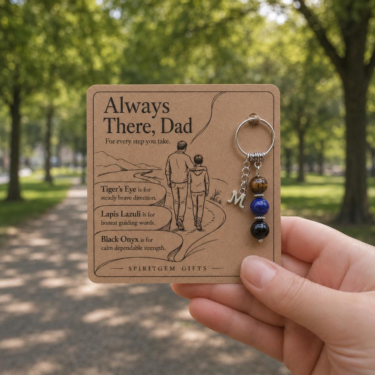 Thank You Dad Gift, Crystal Keyring with Illustrated 'Always There, Dad' Card, Personalised Appreciation Keepsake