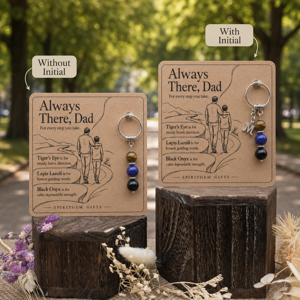 Thank You Dad Gift, Crystal Keyring with Illustrated 'Always There, Dad' Card, Personalised Appreciation Keepsake