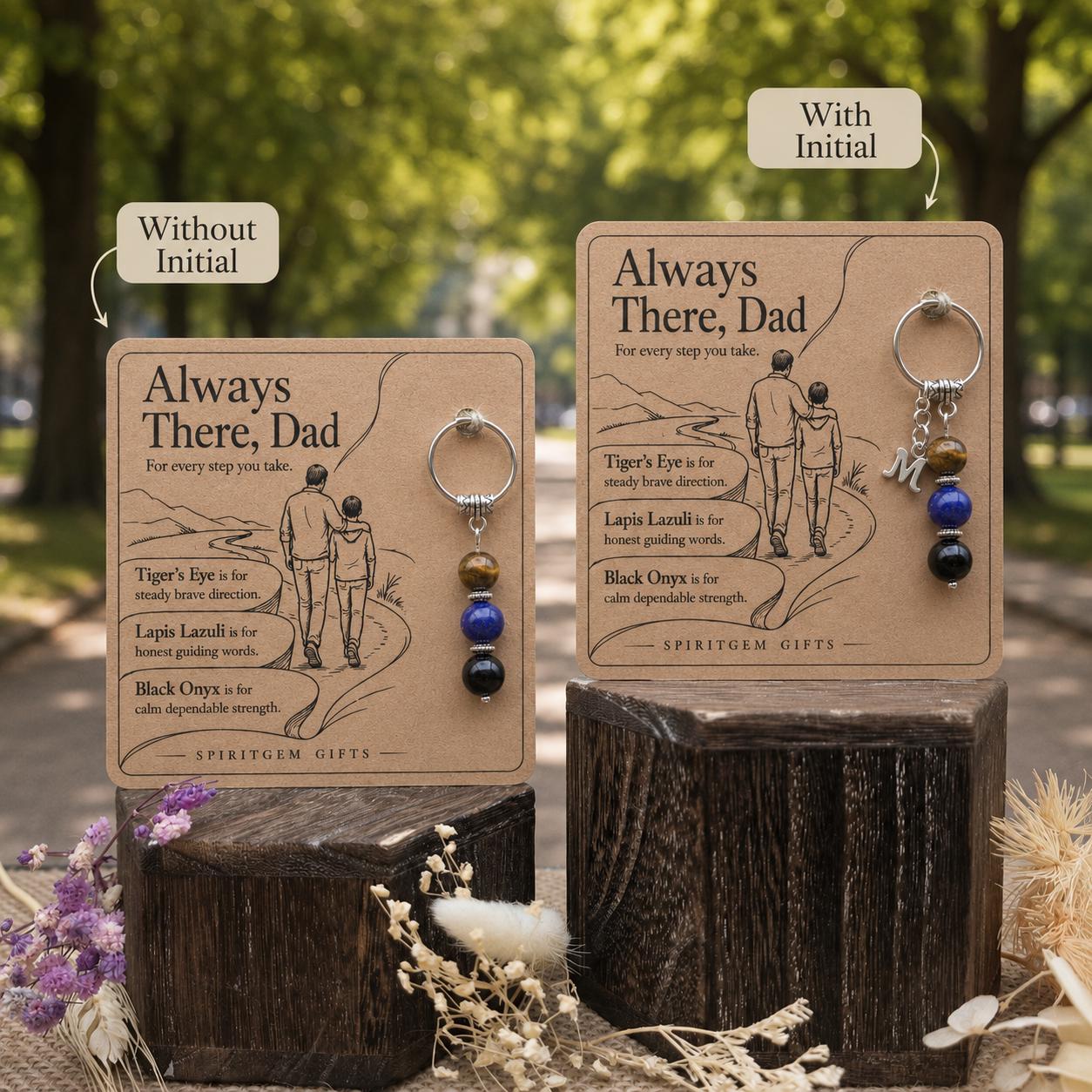 Thank You Dad Gift, Crystal Keyring with Illustrated 'Always There, Dad' Card, Personalised Appreciation Keepsake