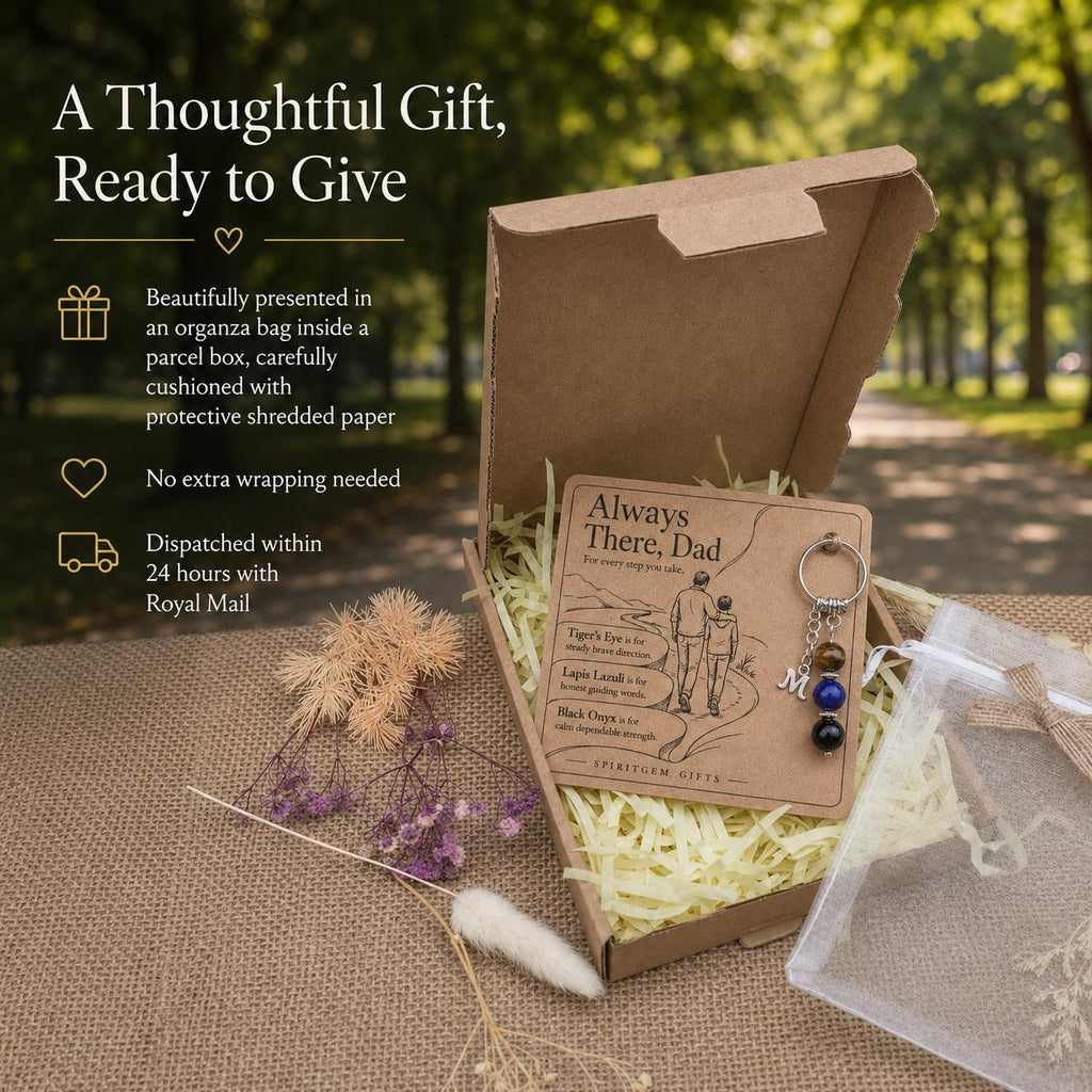 Thank You Dad Gift, Crystal Keyring with Illustrated 'Always There, Dad' Card, Personalised Appreciation Keepsake