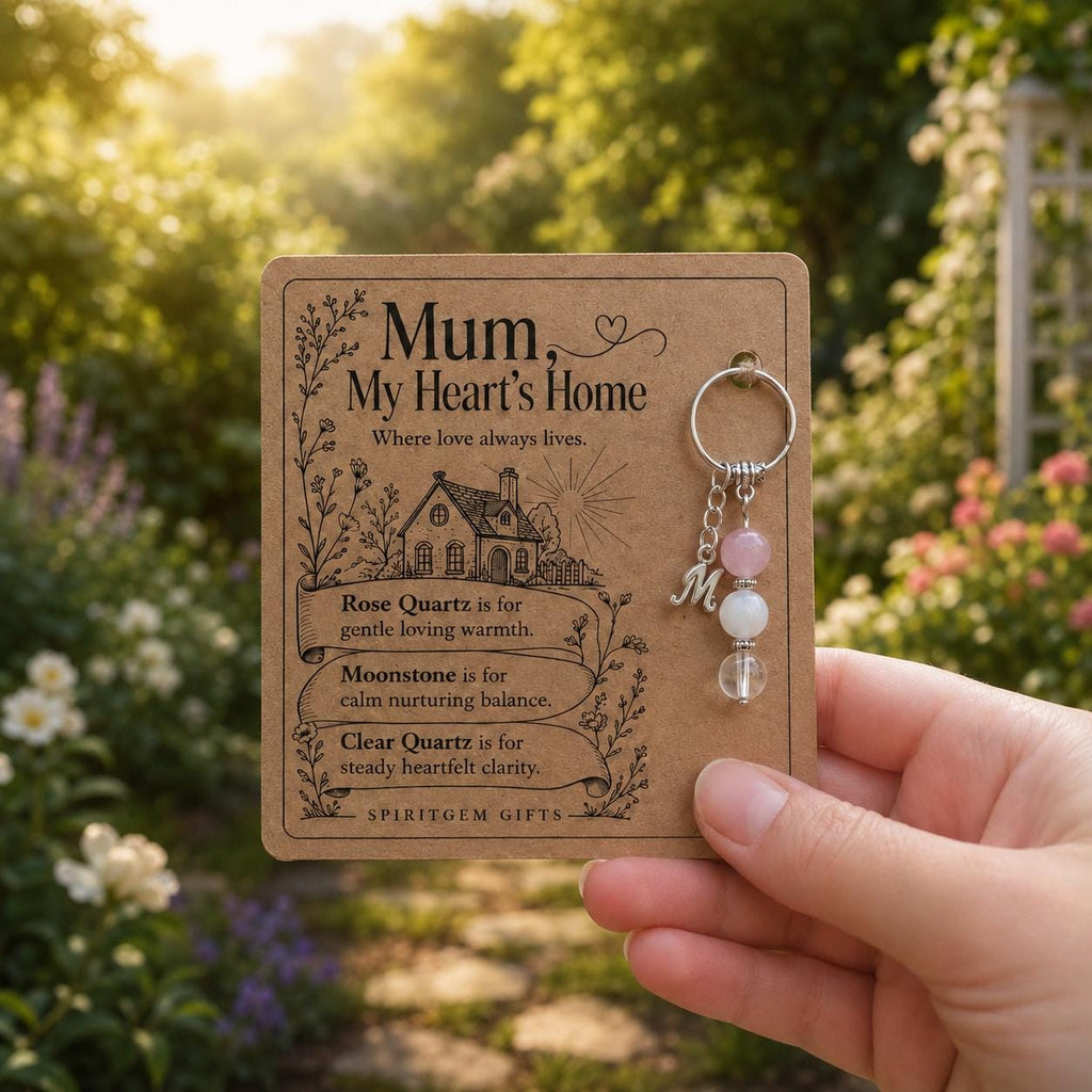 Mum Gift from Daughter, Crystal Keyring with Illustrated 'My Heart's Home' Card, Personalised Birthday Keepsake