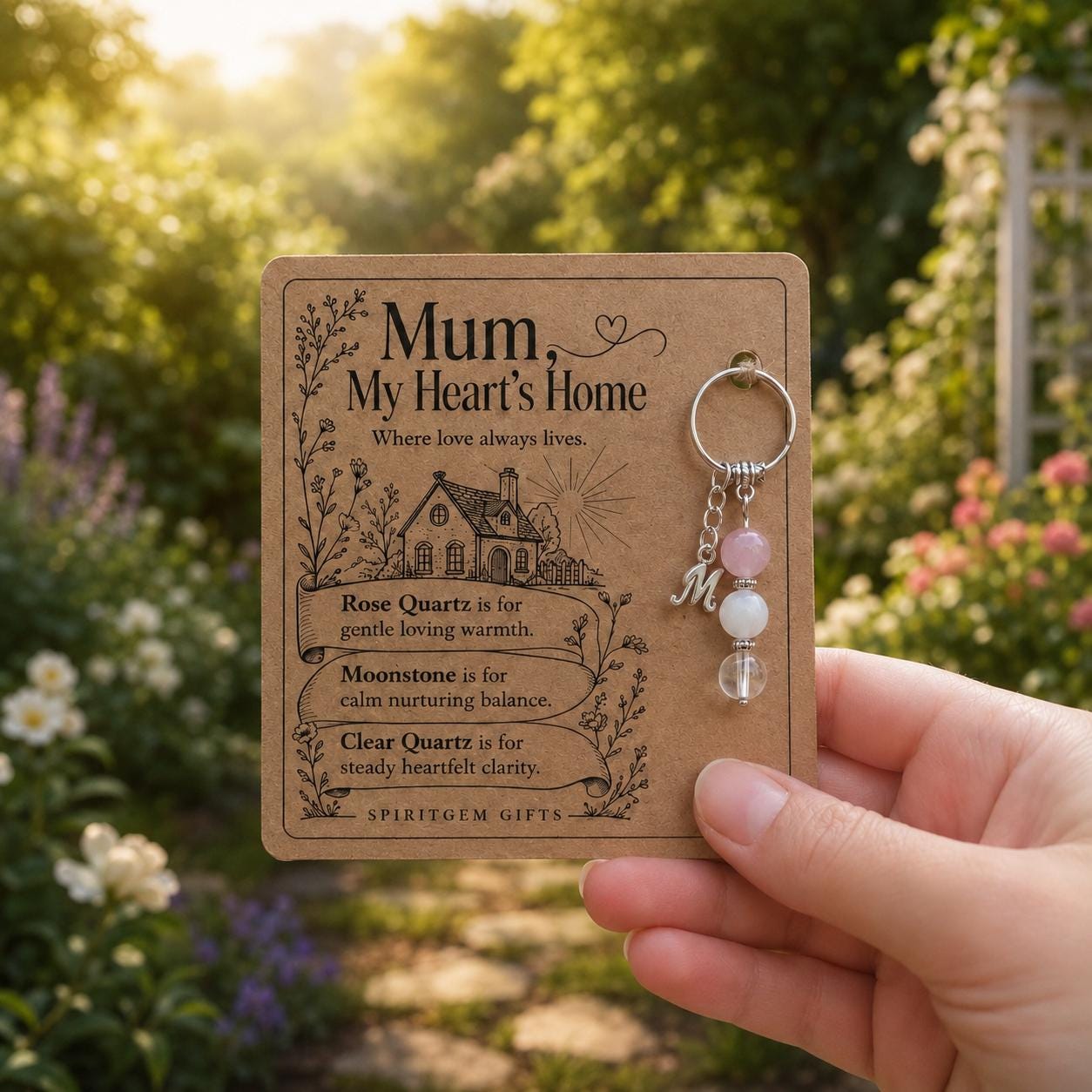 Mum Gift from Daughter, Crystal Keyring with Illustrated 'My Heart's Home' Card, Personalised Birthday Keepsake
