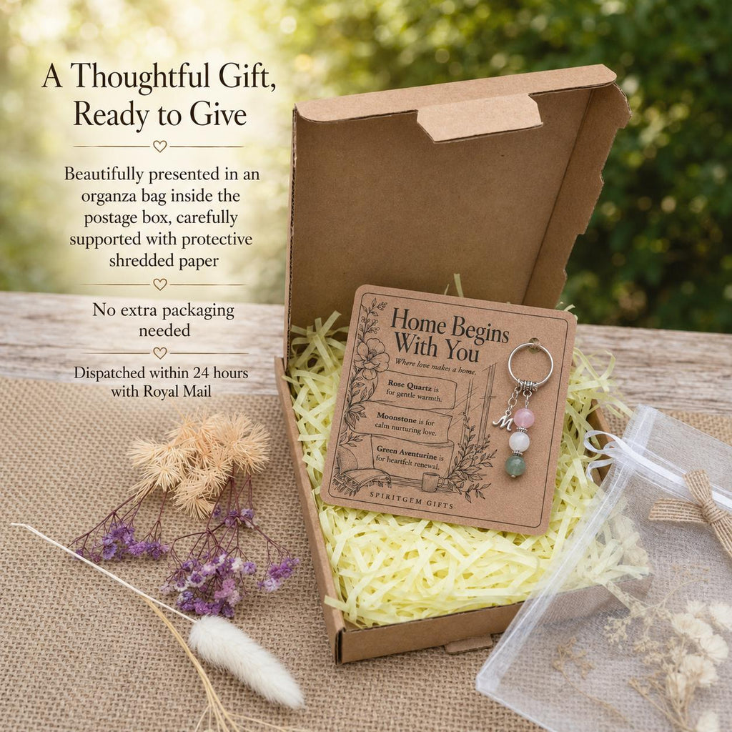 New Home Gift for Couple, Crystal Keyring with Illustrated 'Home Begins With You' Card