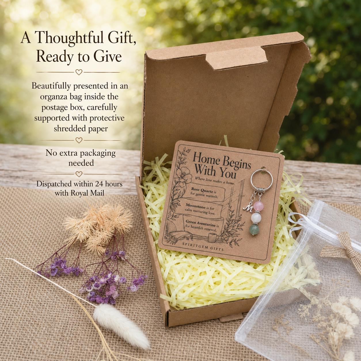 New Home Gift for Couple, Crystal Keyring with Illustrated 'Home Begins With You' Card