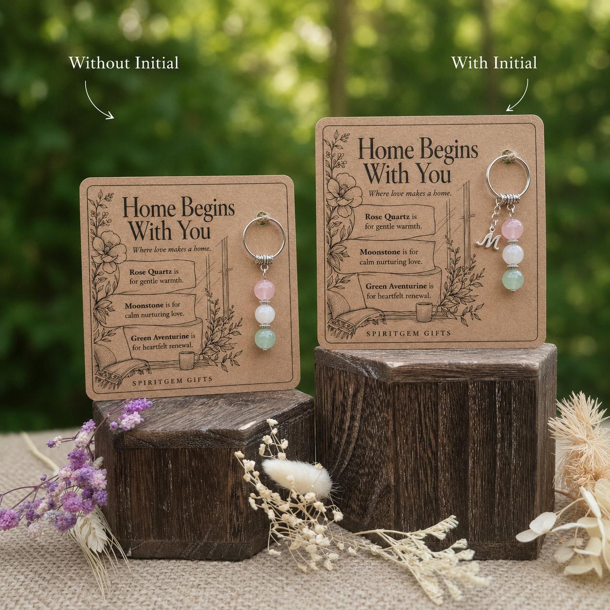New Home Gift for Couple, Crystal Keyring with Illustrated 'Home Begins With You' Card