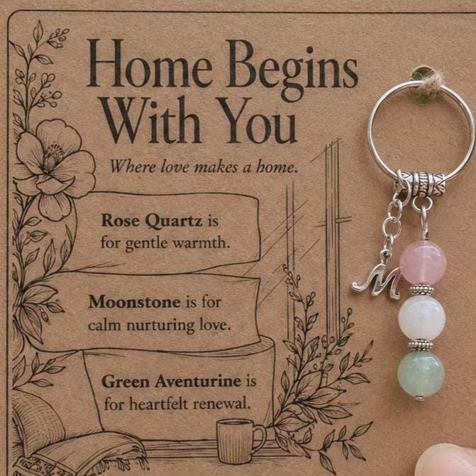 New Home Gift for Couple, Crystal Keyring with Illustrated 'Home Begins With You' Card