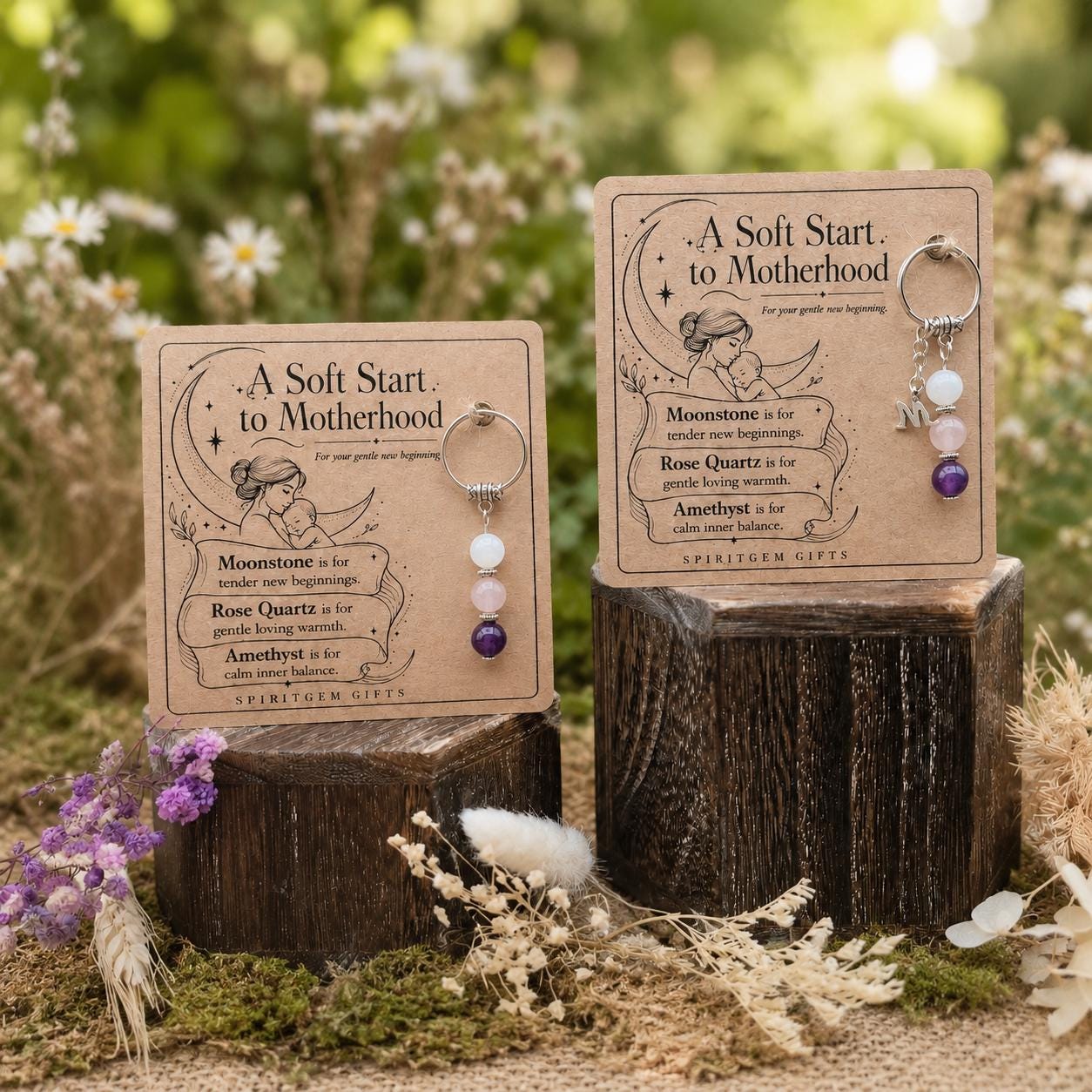 New Mum Gift, Postpartum Crystal Keyring with Illustrated 'A Soft Start to Motherhood' Card