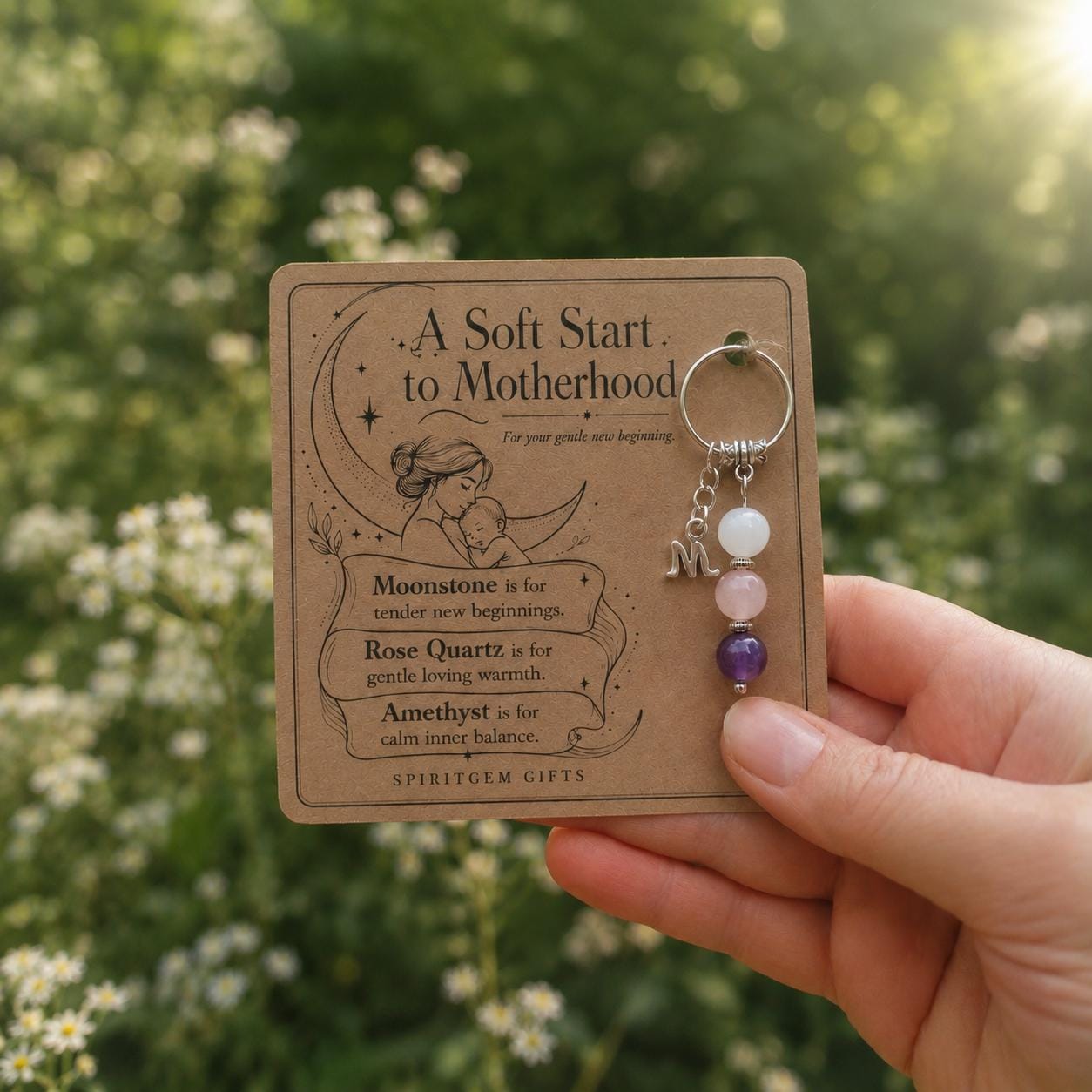New Mum Gift, Postpartum Crystal Keyring with Illustrated 'A Soft Start to Motherhood' Card