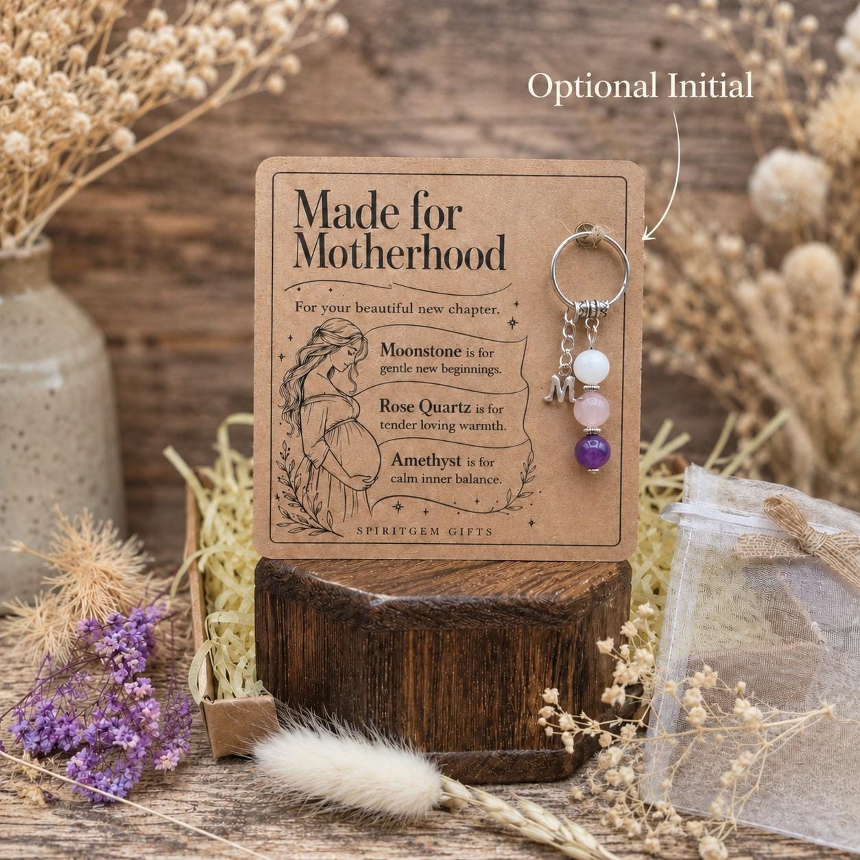 Mum to Be Gift, Pregnancy Crystal Keyring with Illustrated 'Made for Motherhood' Card