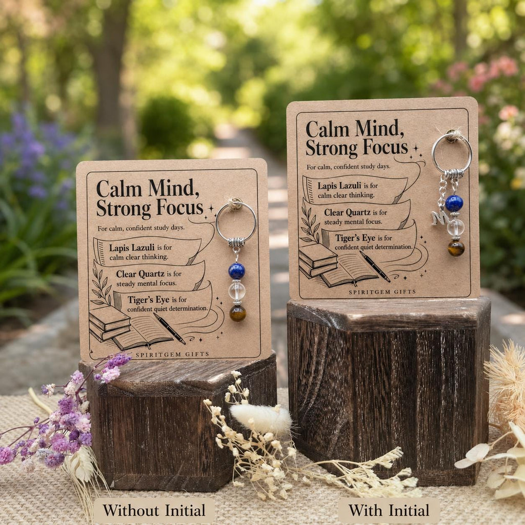 Driving Test Good Luck Gift, Calm Crystal Keyring with Illustrated 'Calm Mind, Strong Focus' Card