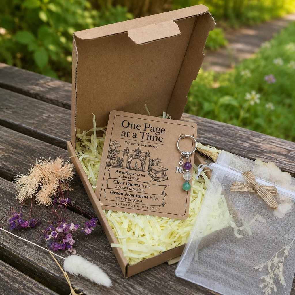 Starting University Gift, Freshers Crystal Keyring with Illustrated 'One Page at a Time' Card