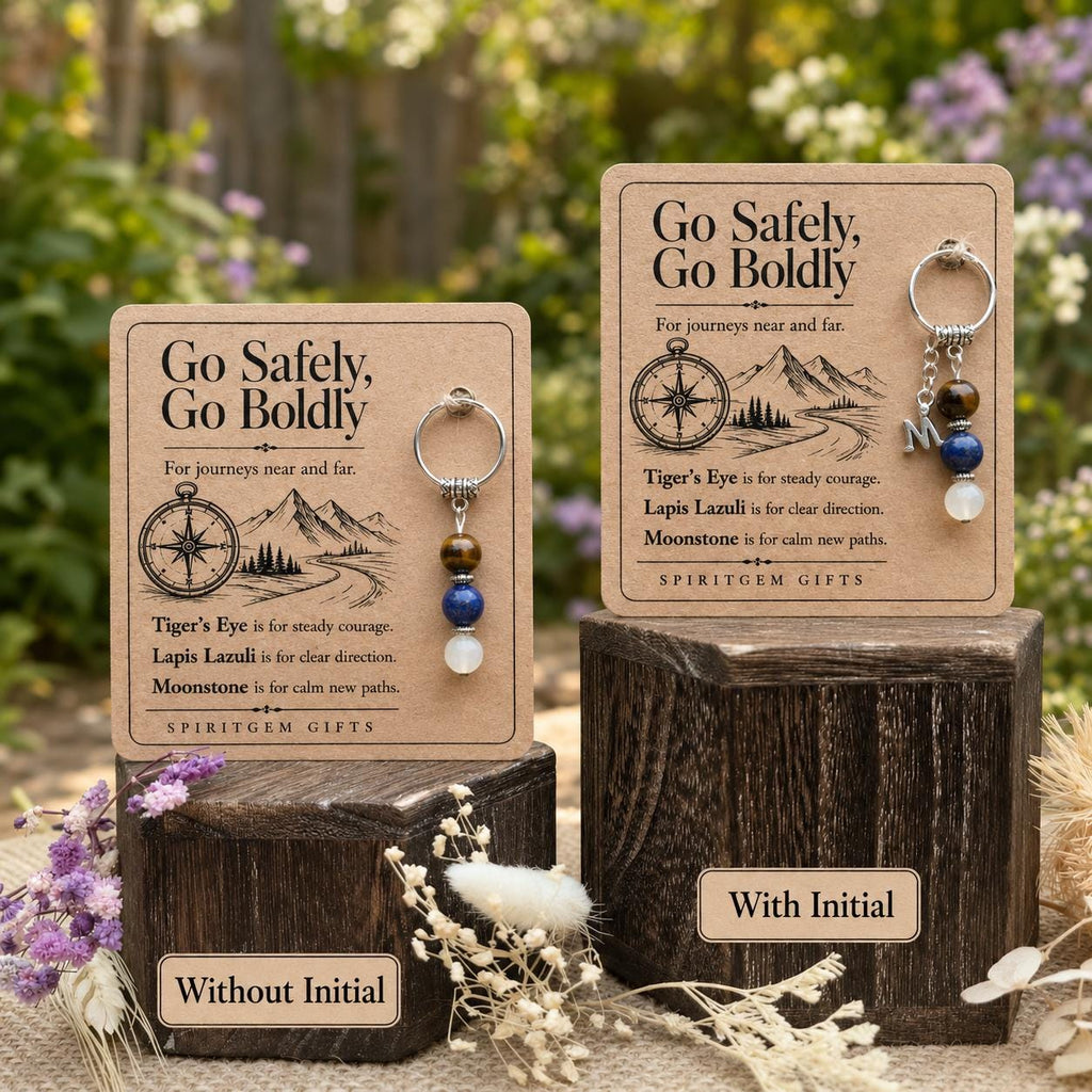 Safe Travels Gift, Crystal Keyring with Illustrated 'Go Safely, Go Boldly' Card