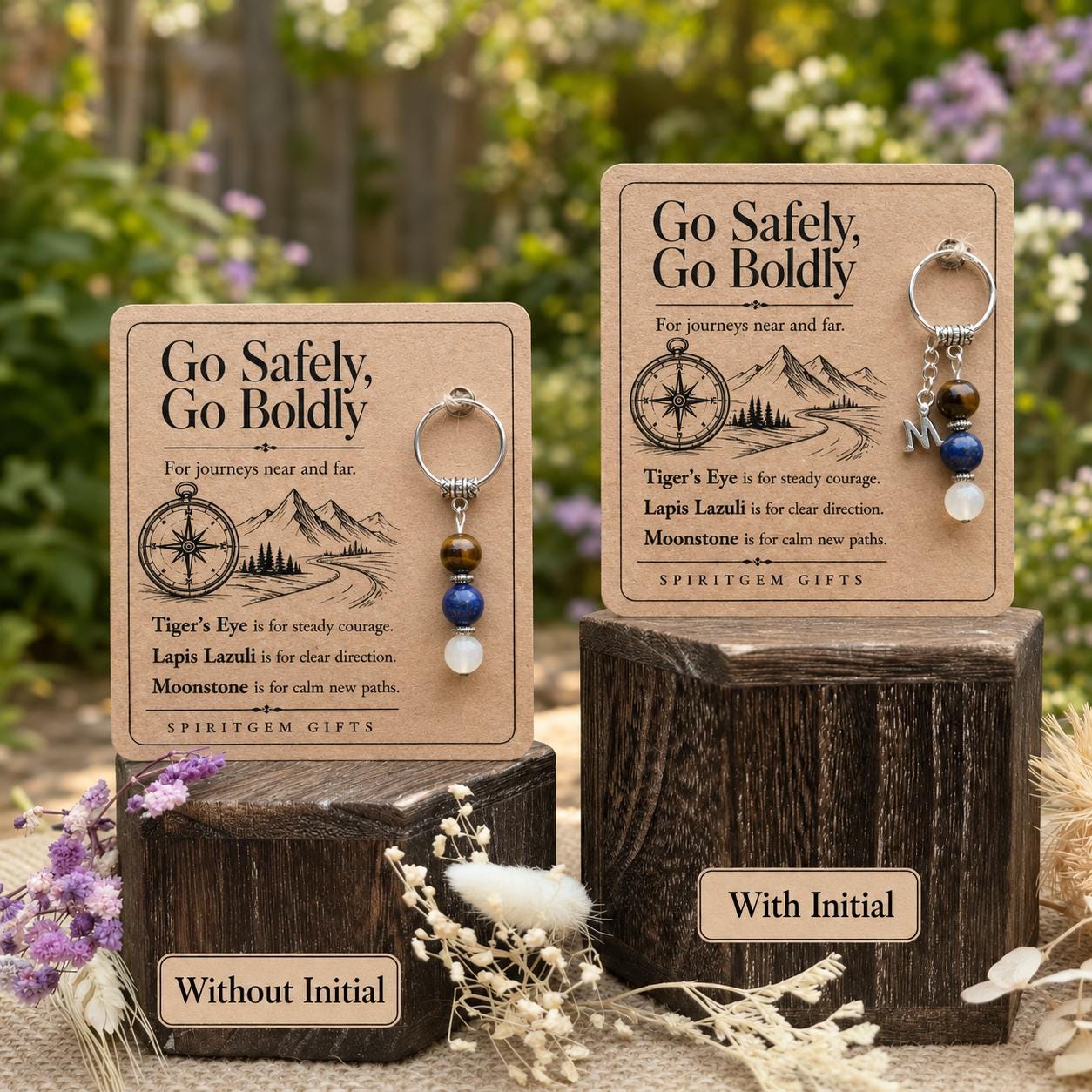 Safe Travels Gift, Crystal Keyring with Illustrated 'Go Safely, Go Boldly' Card