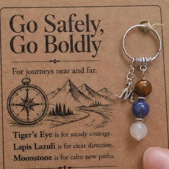Safe Travels Gift, Crystal Keyring with Illustrated 'Go Safely, Go Boldly' Card