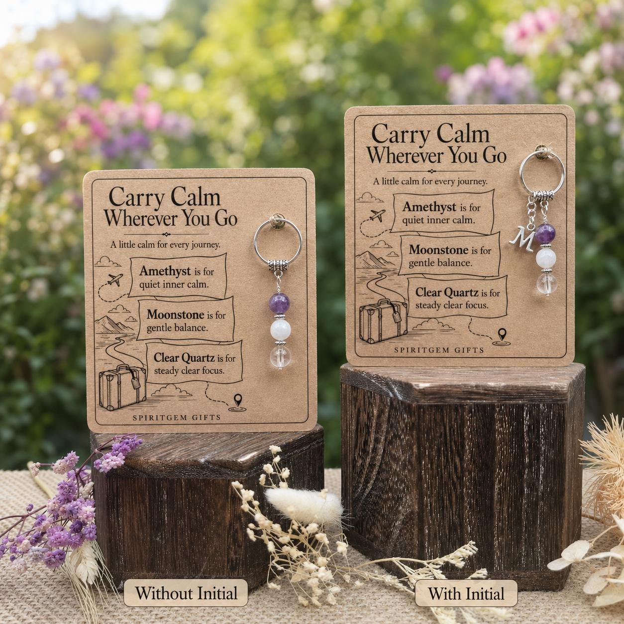 Fear of Flying Gift, Calm Travel Crystal Keyring with Illustrated 'Carry Calm Wherever You Go' Card