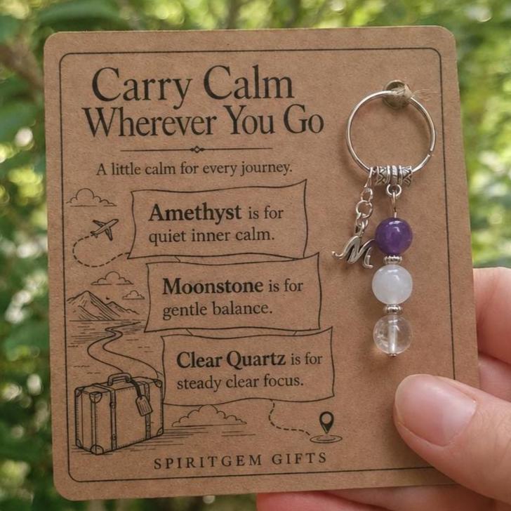 Fear of Flying Gift, Calm Travel Crystal Keyring with Illustrated 'Carry Calm Wherever You Go' Card