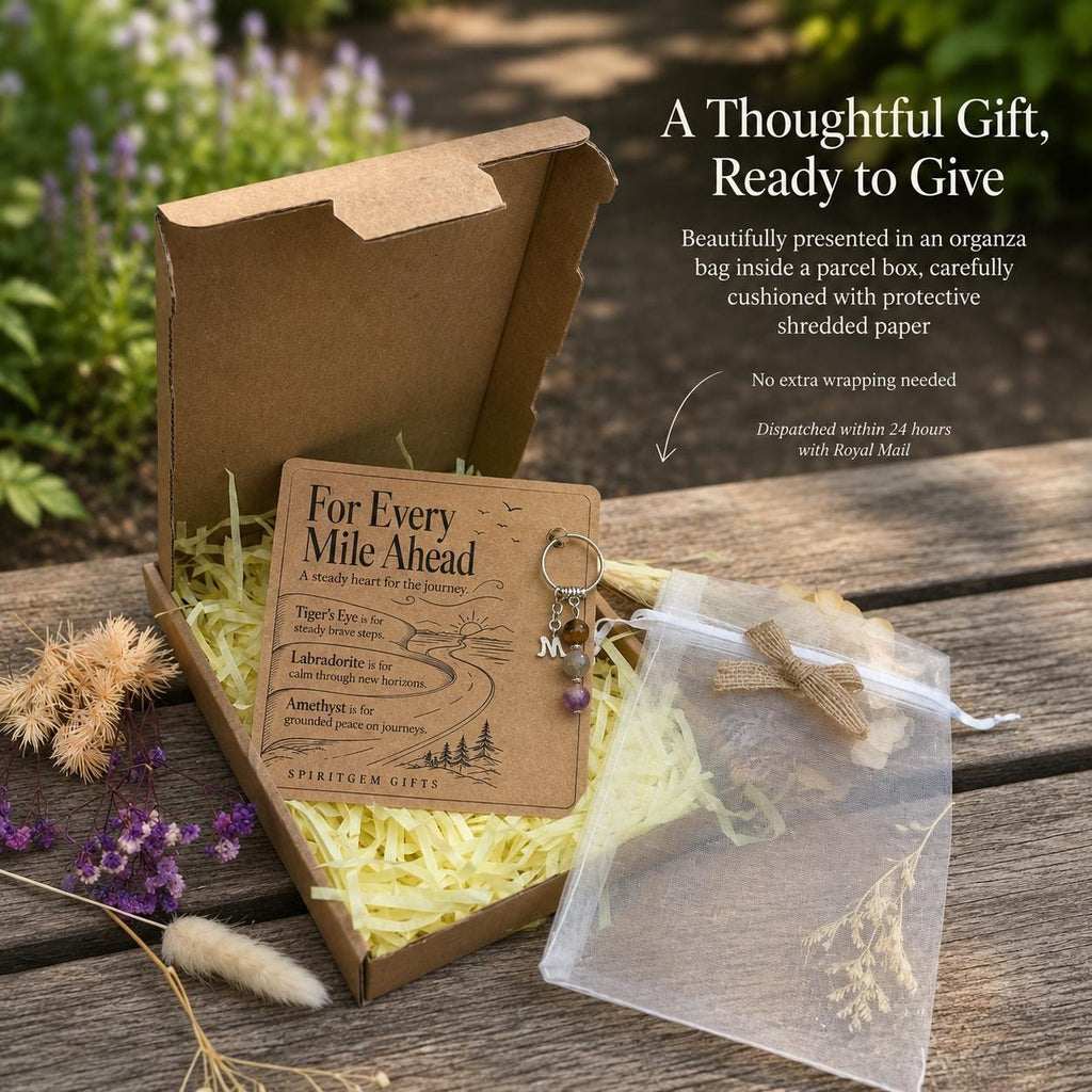 Gap Year Gift, Backpacking Crystal Keyring with Illustrated 'For Every Mile Ahead' Card