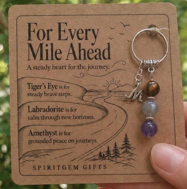 Gap Year Gift, Backpacking Crystal Keyring with Illustrated 'For Every Mile Ahead' Card