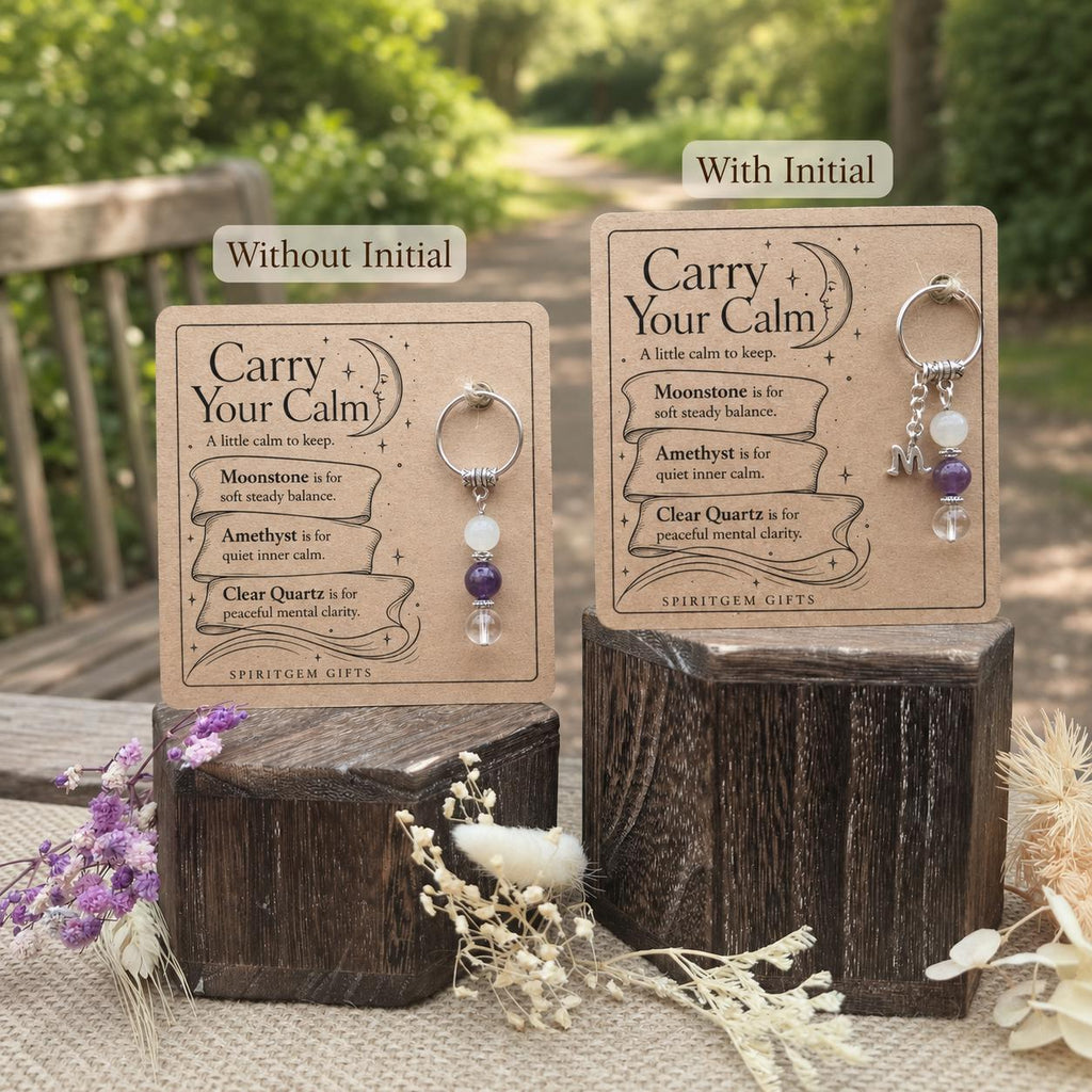 Anxiety Support Gift, Calm Crystal Keyring with Illustrated 'Carry Your Calm' Card