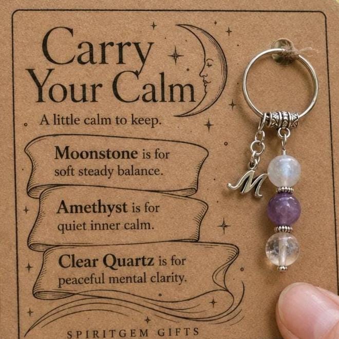 Anxiety Support Gift, Calm Crystal Keyring with Illustrated 'Carry Your Calm' Card