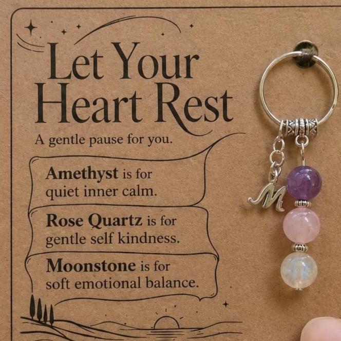 Self Care Gift for Her, Crystal Keyring with Illustrated 'Let Your Heart Rest' Card