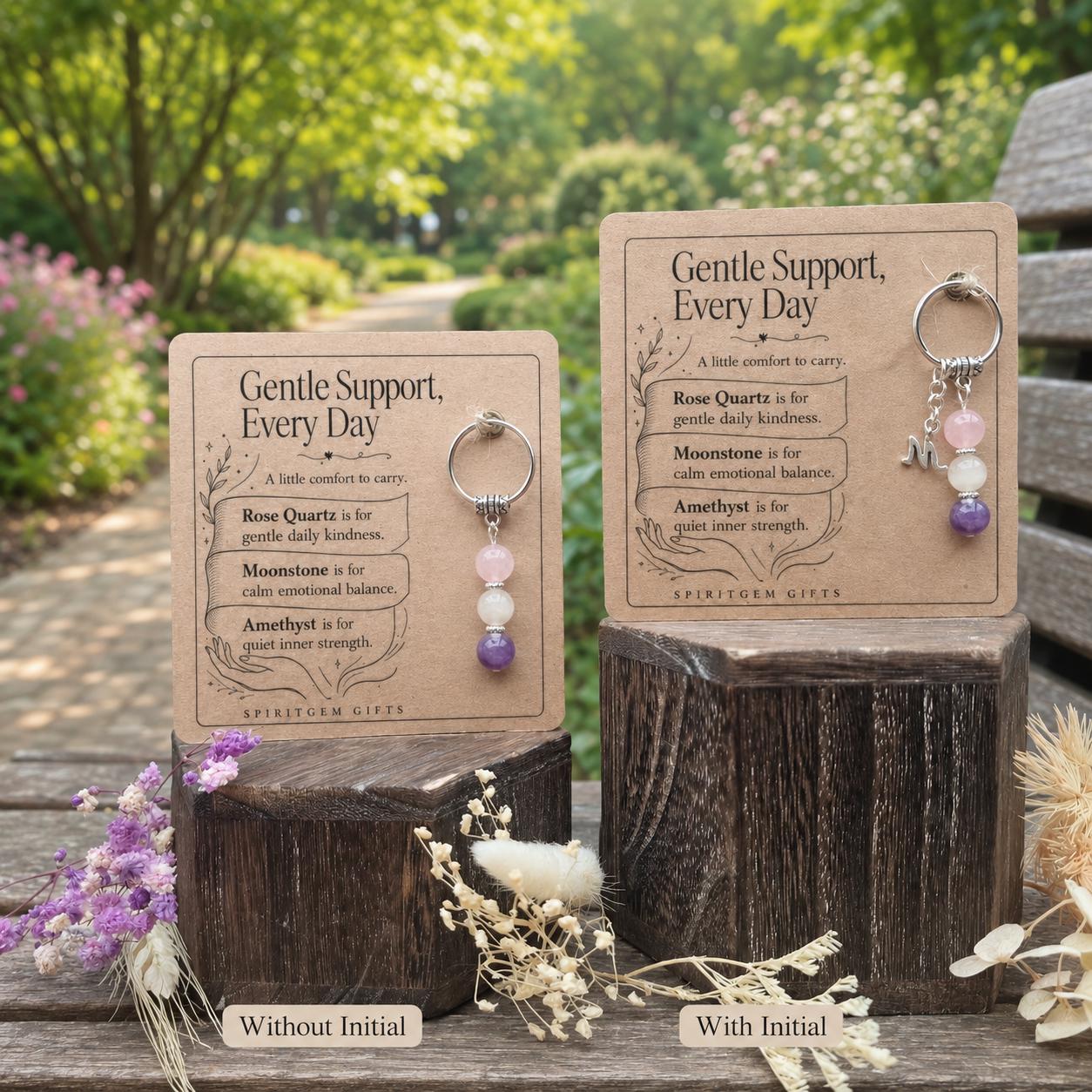 Thinking of You Gift, Crystal Keyring with Illustrated 'Gentle Support, Every Day' Card