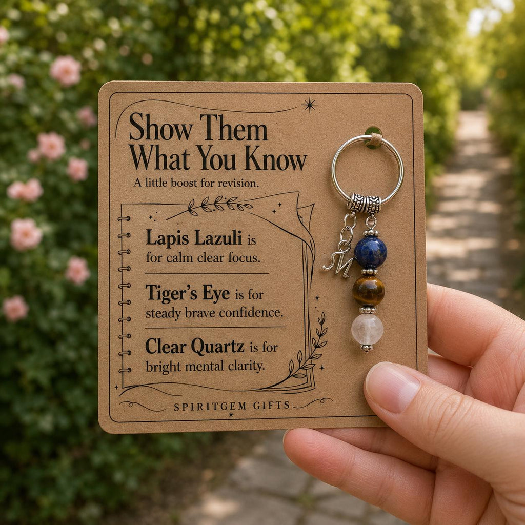 University Exam Gift, Finals Crystal Keyring with Illustrated 'Show Them What You Know' Card