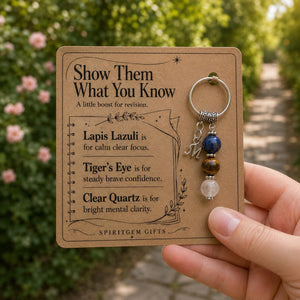 University Exam Gift, Finals Crystal Keyring with Illustrated 'Show Them What You Know' Card