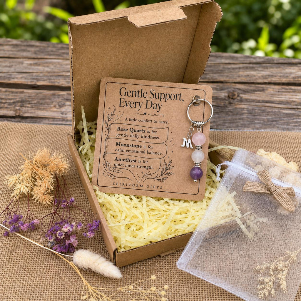 Thinking of You Gift, Crystal Keyring with Illustrated 'Gentle Support, Every Day' Card