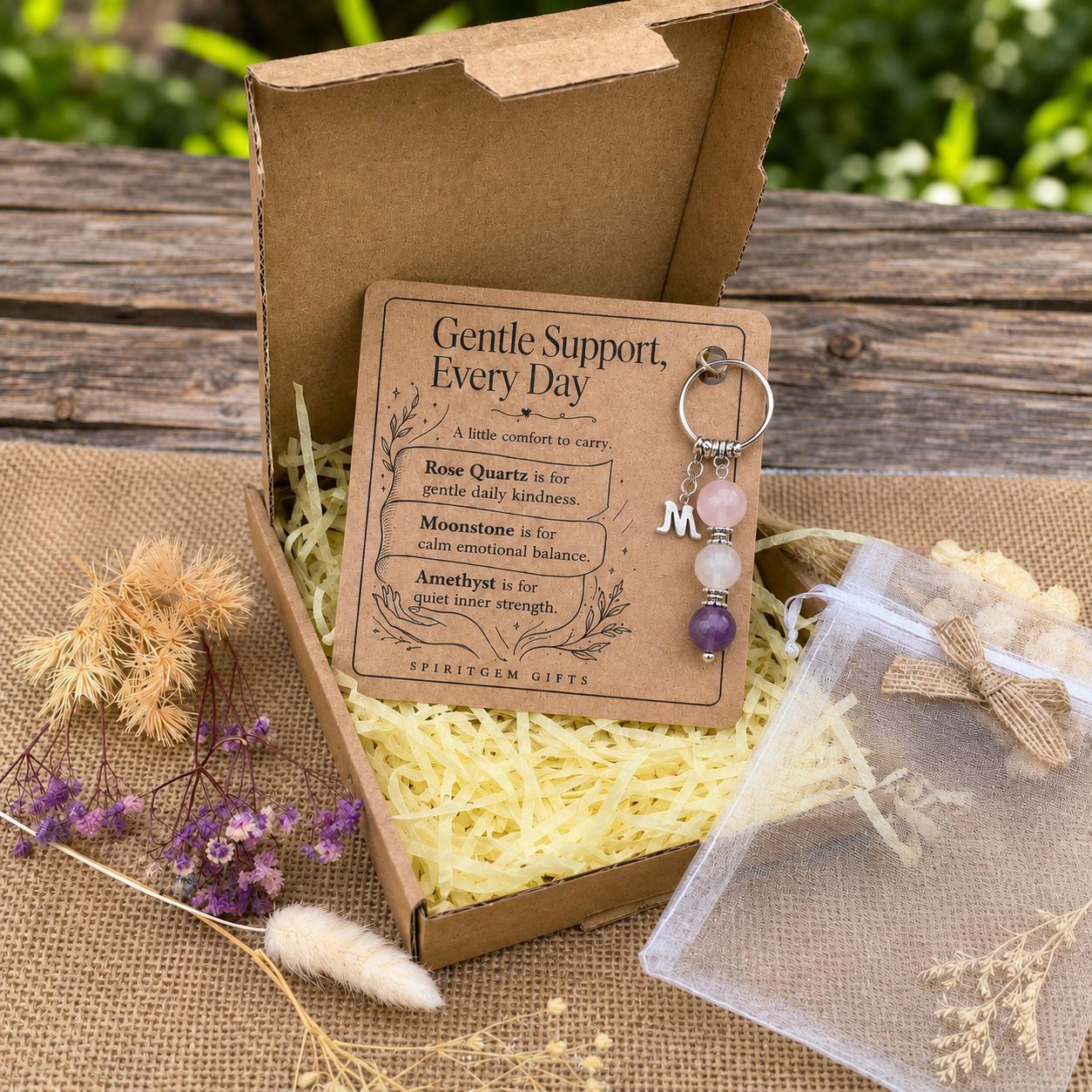 Thinking of You Gift, Crystal Keyring with Illustrated 'Gentle Support, Every Day' Card