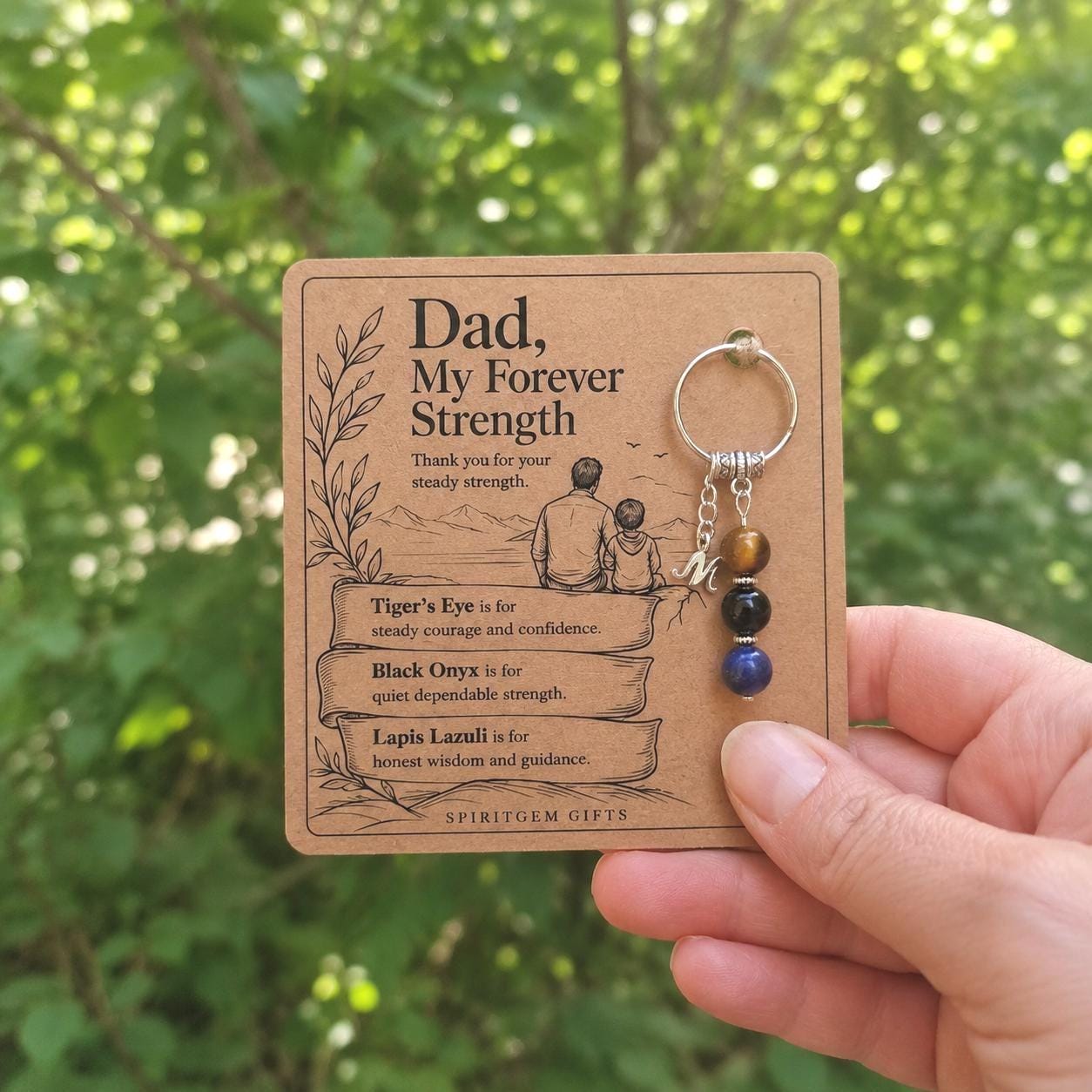 Personalised Dad Strength Crystal Keyring with Illustrated Keepsake Card, Fathers Day Gift