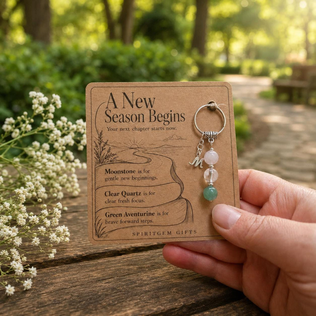PERSONALISED NEW CHAPTER Crystal Keyring, New Beginning Gift with Illustrated Keepsake Card