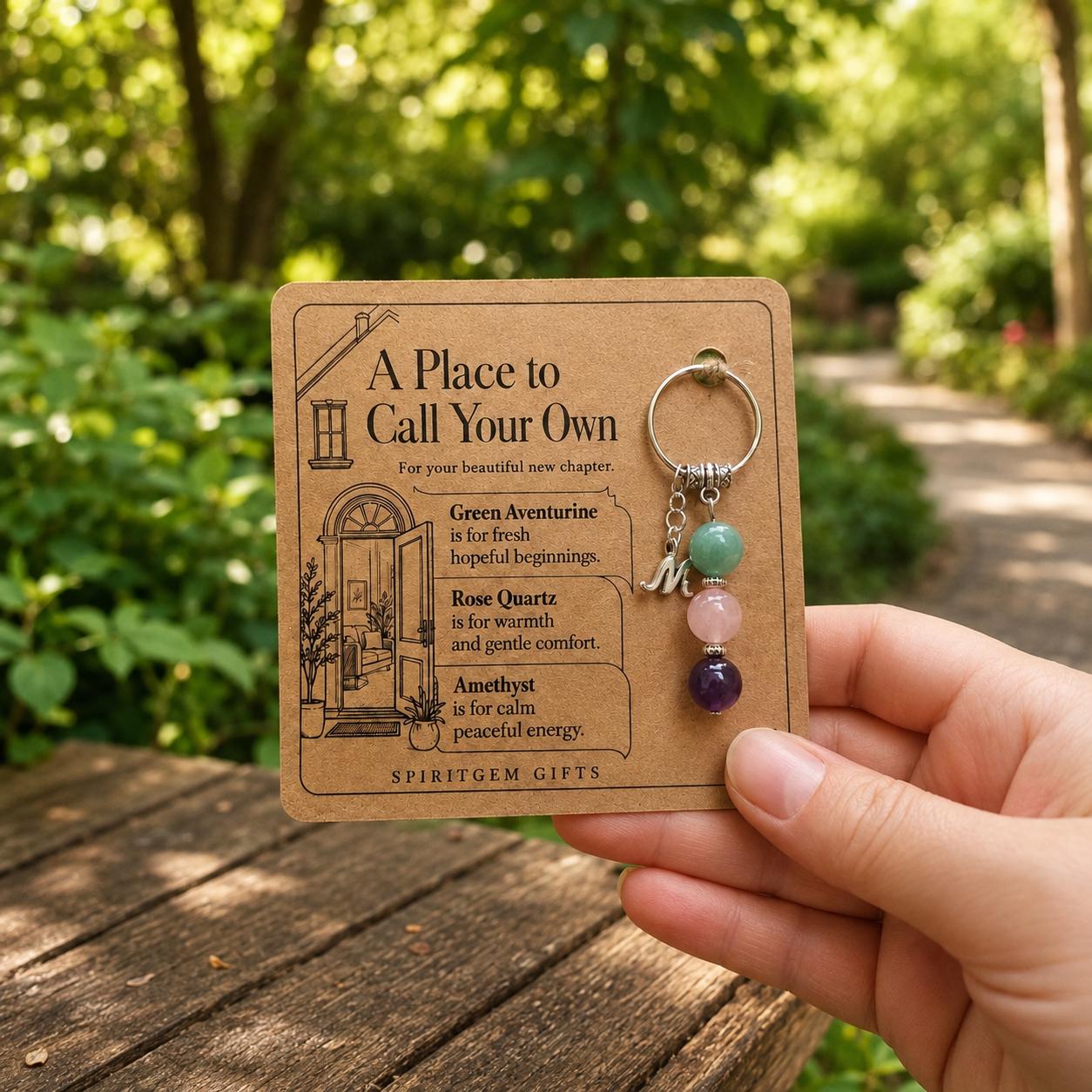 PERSONALISED NEW HOME Crystal Keyring, Housewarming Gift with Illustrated Keepsake Card