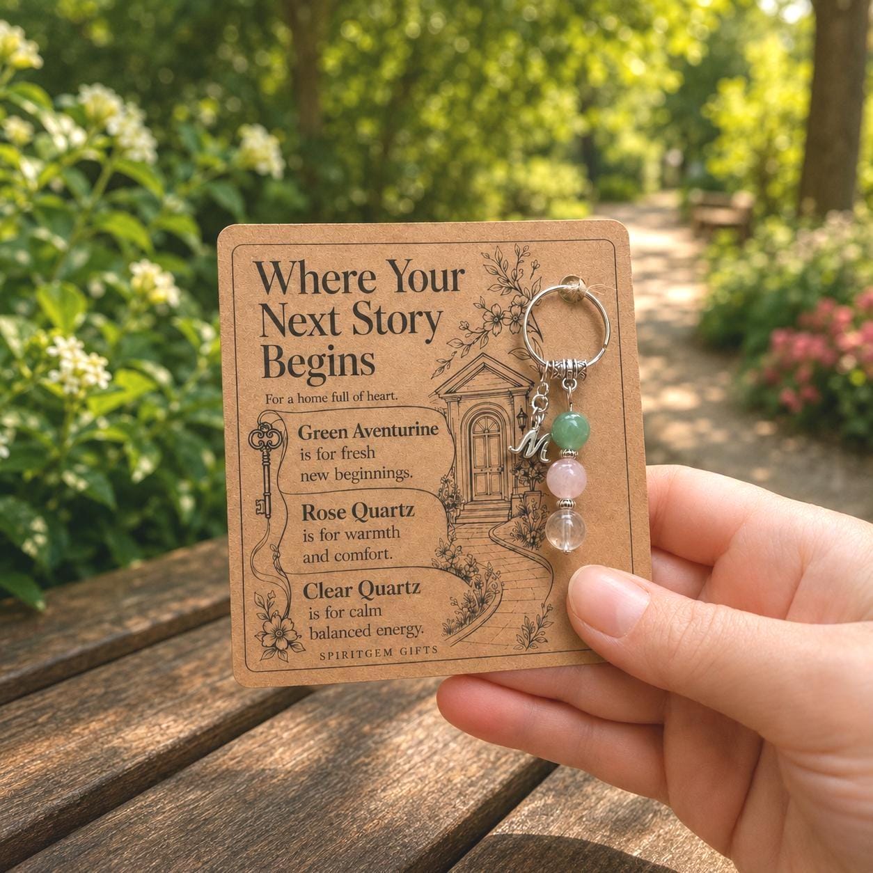 First Home Gift, First Time Buyer Crystal Keyring with Illustrated 'Where Your Next Story Begins' Card