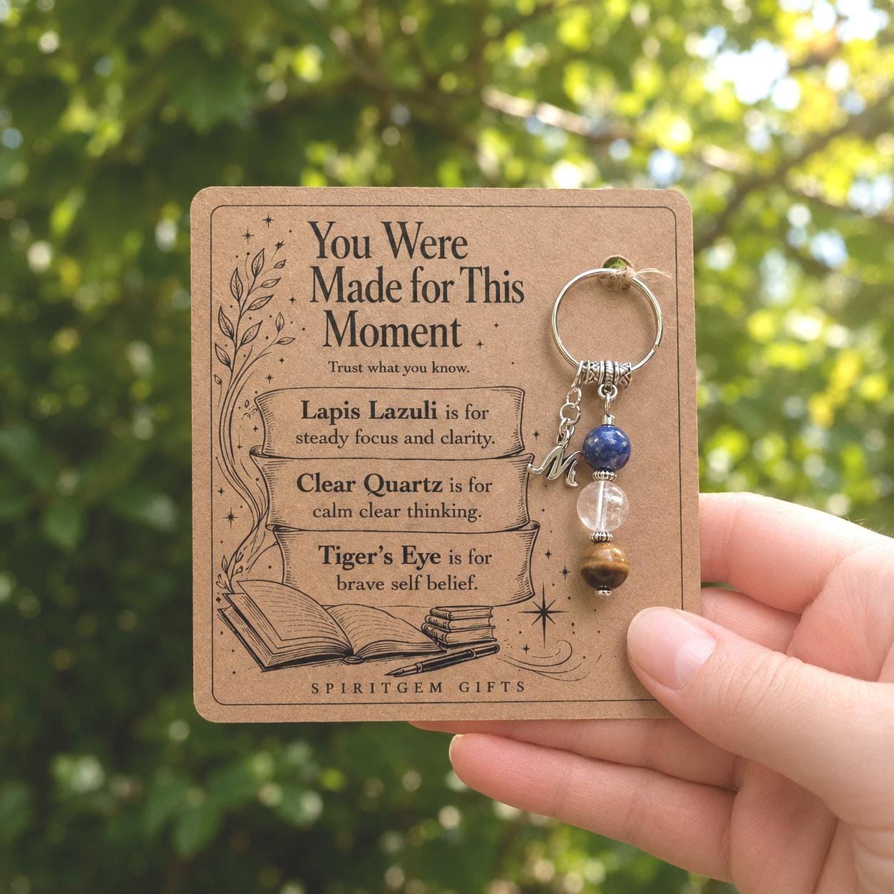 Good Luck Exams Gift, GCSE Crystal Keyring with Illustrated 'Made for This Moment' Card