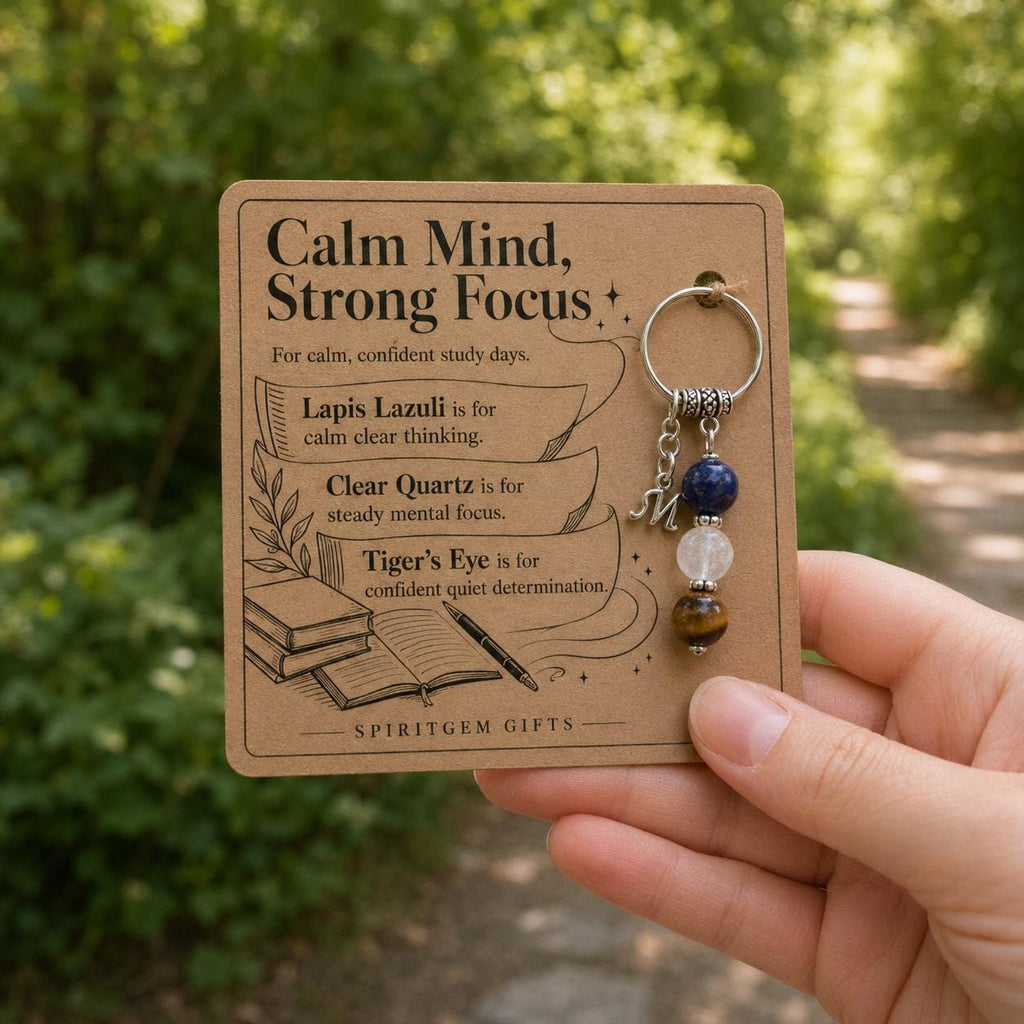 Driving Test Good Luck Gift, Calm Crystal Keyring with Illustrated 'Calm Mind, Strong Focus' Card