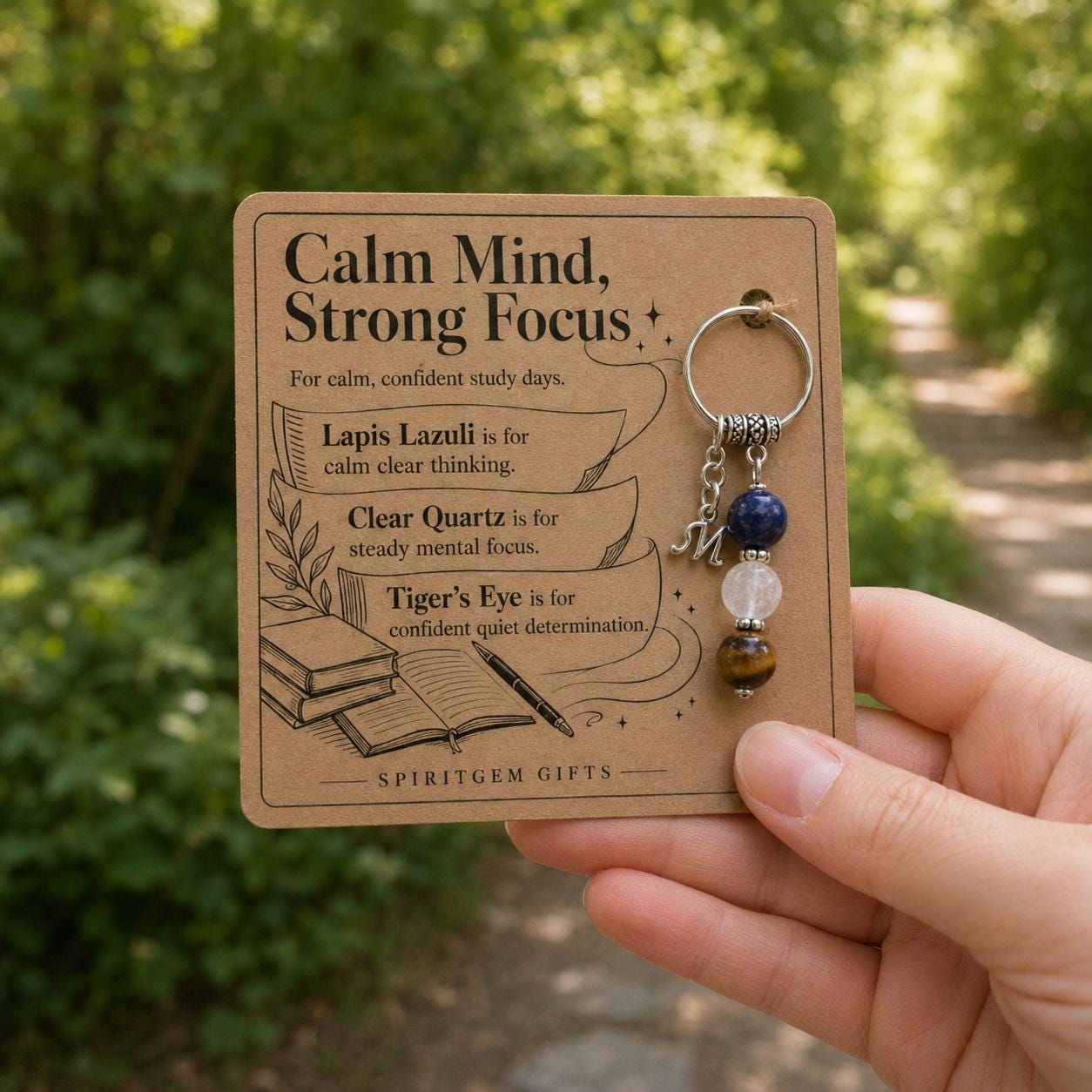 Driving Test Good Luck Gift, Calm Crystal Keyring with Illustrated 'Calm Mind, Strong Focus' Card