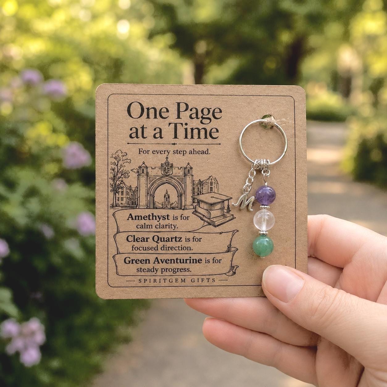 Starting University Gift, Freshers Crystal Keyring with Illustrated 'One Page at a Time' Card