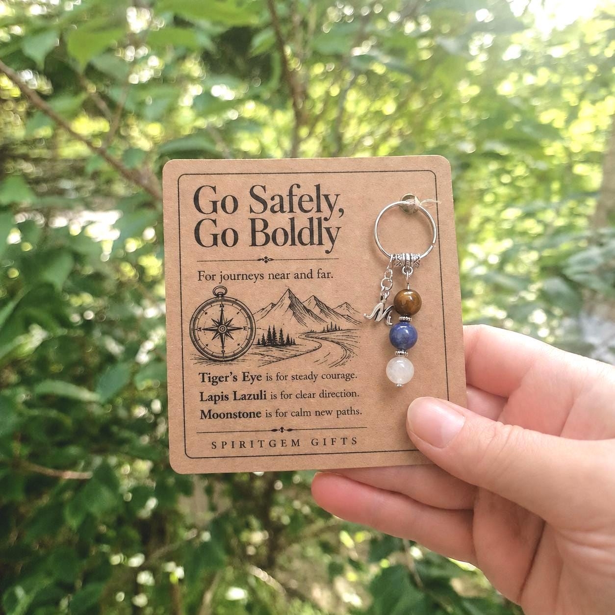 Safe Travels Gift, Crystal Keyring with Illustrated 'Go Safely, Go Boldly' Card