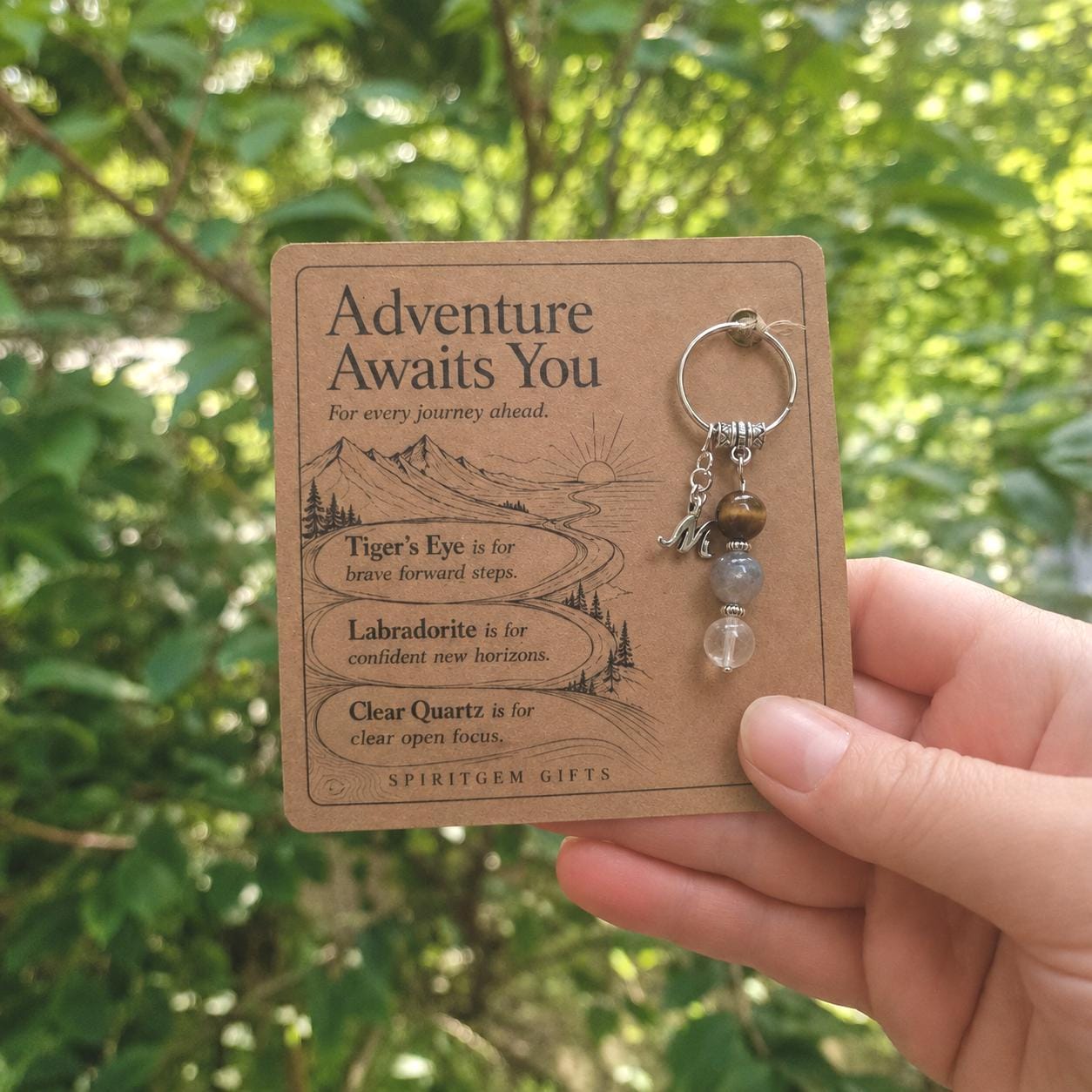 PERSONALISED NEW ADVENTURE Crystal Keyring, Travel Gift with Illustrated Keepsake Card