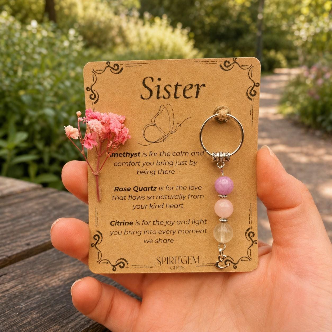 Personalised Sister Gift: Amethyst, Rose Quartz, Citrine Crystal Keyring (Birthday Keepsake)