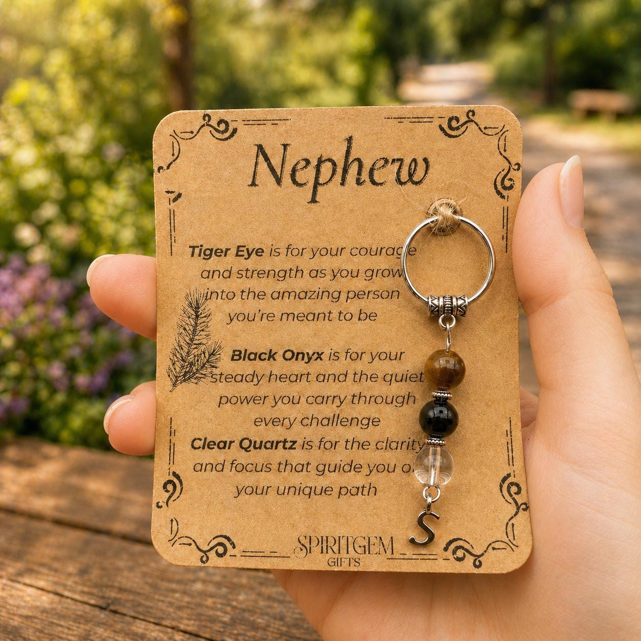 Personalised Nephew Keyring, Tiger Eye, Black Onyx, Clear Quartz, Birthday Keepsake