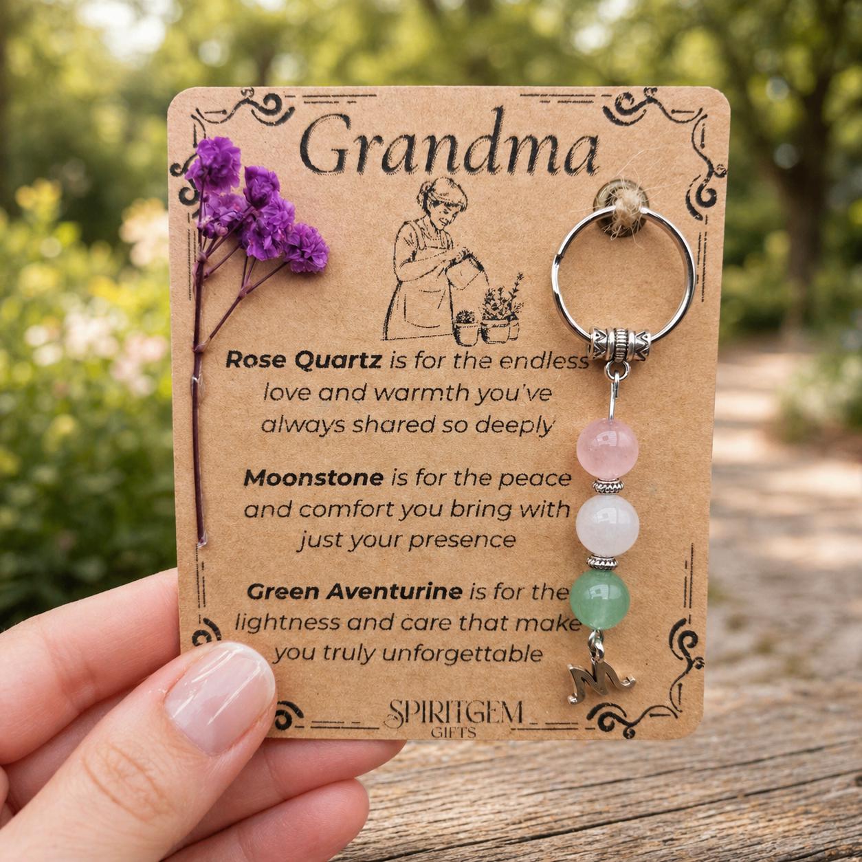 Personalised Grandma Gemstone Keychain: Rose Quartz, Moonstone, Aventurine Keepsake