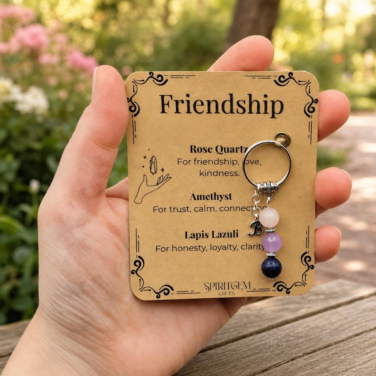 Friendship Keyring, Rose Quartz Amethyst Lapis Lazuli Gemstone Charm