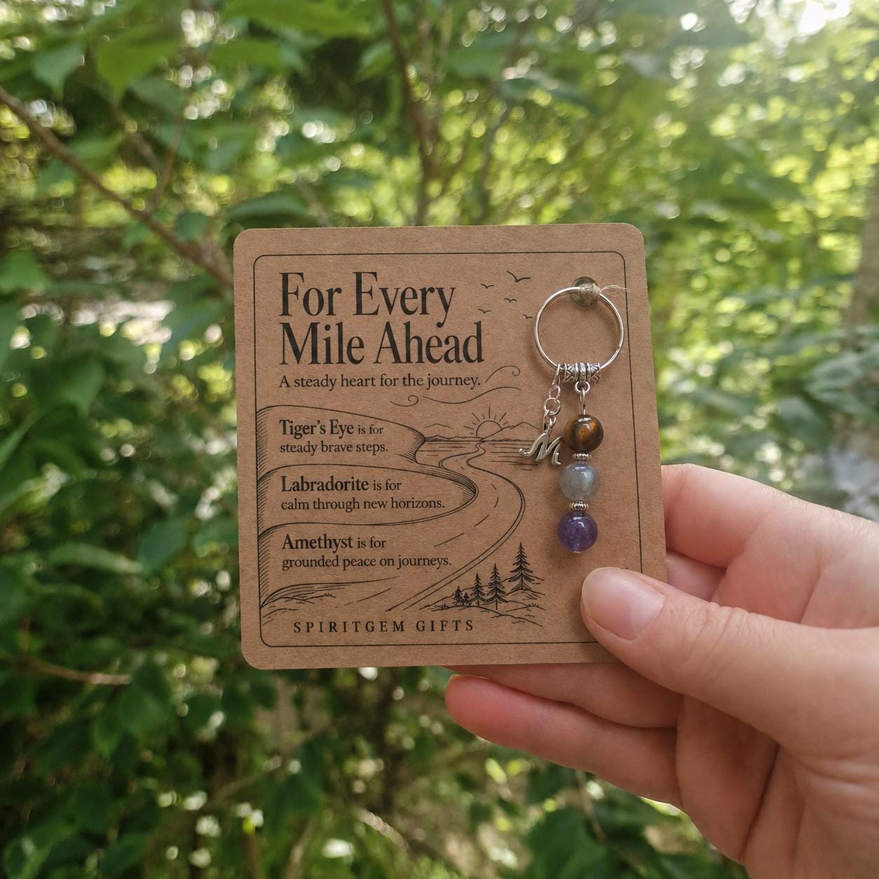 Gap Year Gift, Backpacking Crystal Keyring with Illustrated 'For Every Mile Ahead' Card