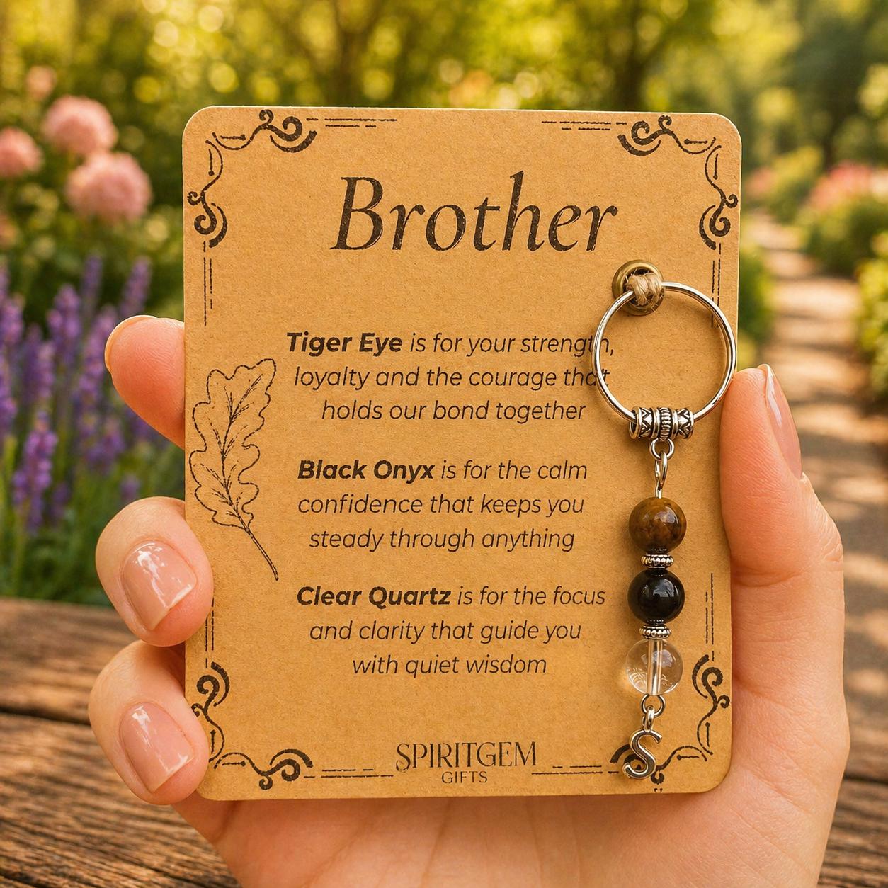 Personalised Brother Crystal Keychain, Tiger Eye, Black Onyx, Clear Quartz Keepsake