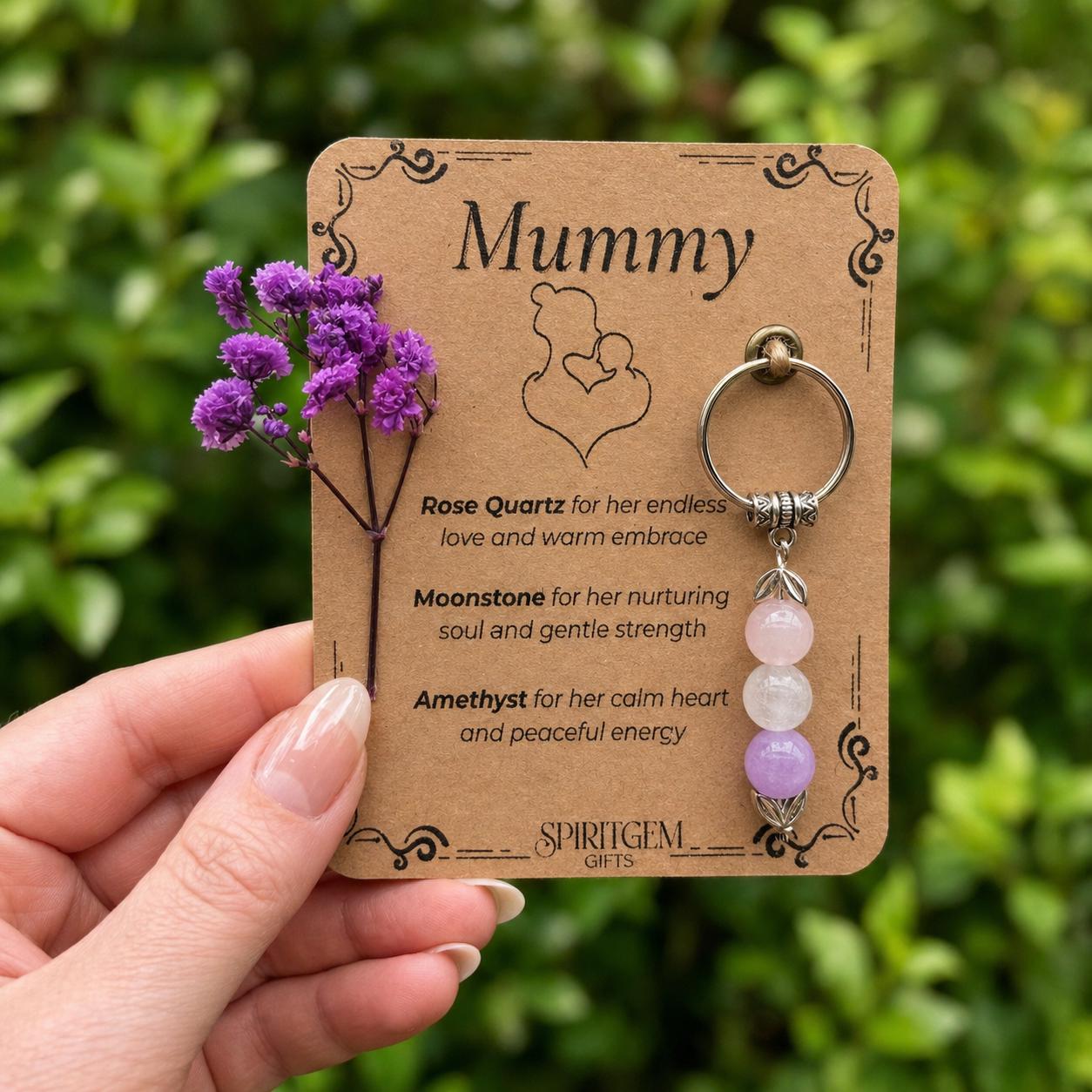 Personalised Mummy Keepsake: Rose Quartz, Moonstone, Amethyst Gemstone Charm