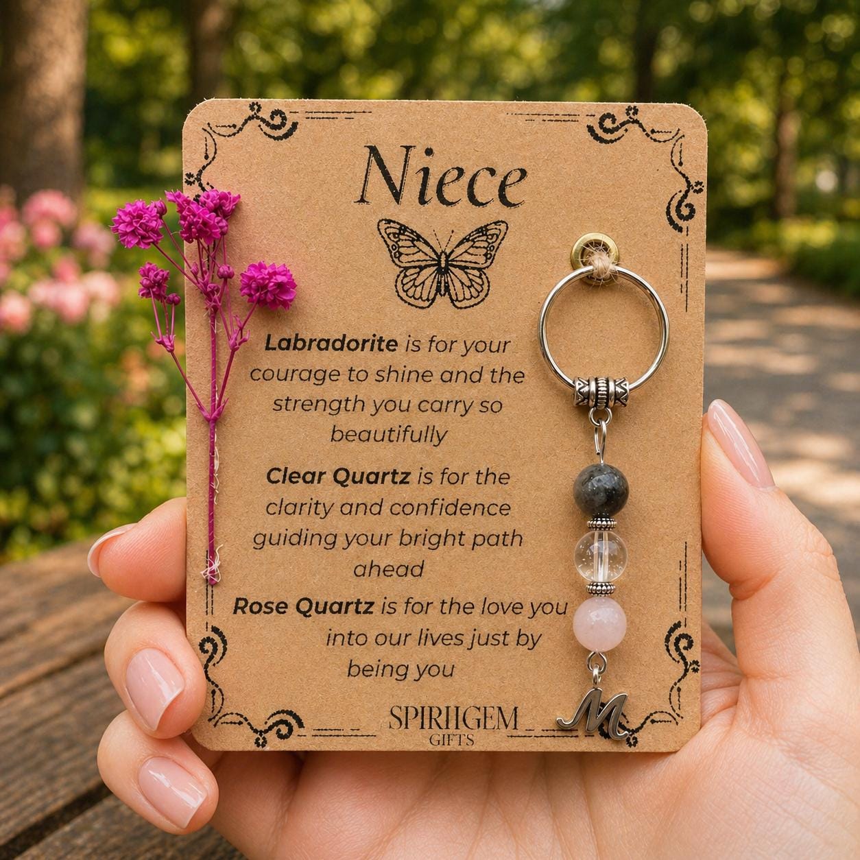 Personalised Niece Special Gift: Labradorite, Clear Quartz, Rose Quartz Charm
