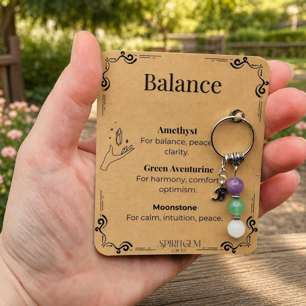 Personalised Balance Gemstone Keyring, Moonstone Amethyst Calm Harmony